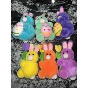 6 Vintage 1984 DAKIN Easter Bunny Rabbit Plush Ornaments With Egg And Flowers